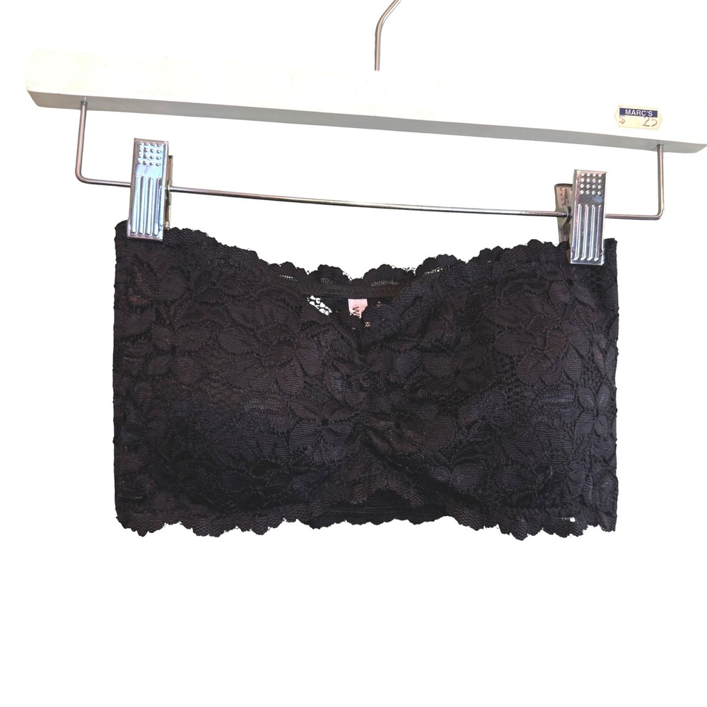 Wish & Whim Black Floral Lace Bandeau Strapless Bra Top Small Fits XS